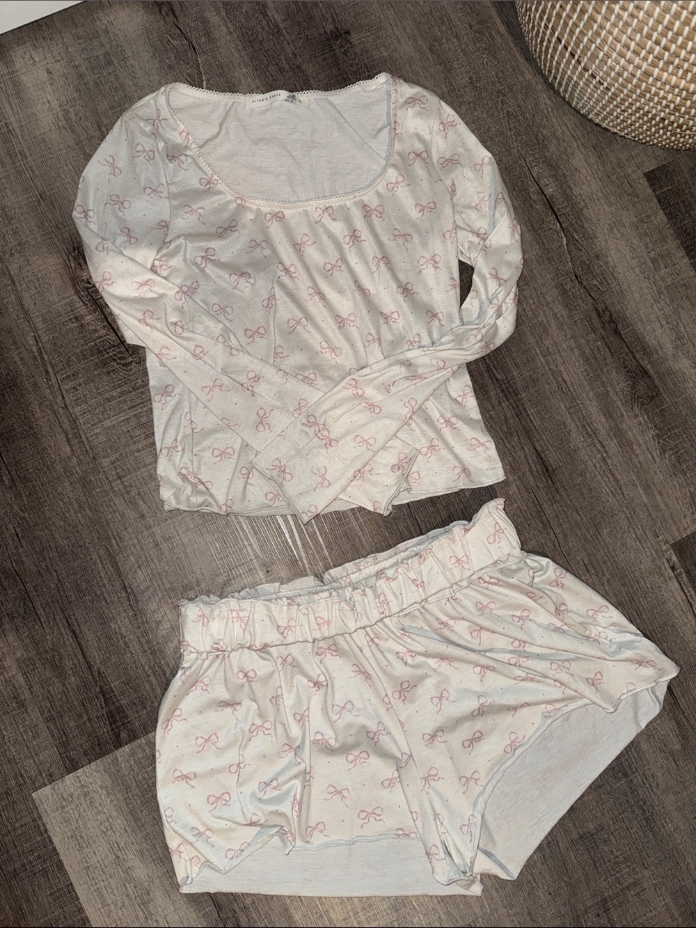 Altar'd State Cream and Pink Bow-Print Pajama Set